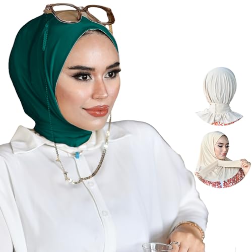 Emerald snap hijab with jersey undercap — the 53 to 58 fit range that makes sizing checkable