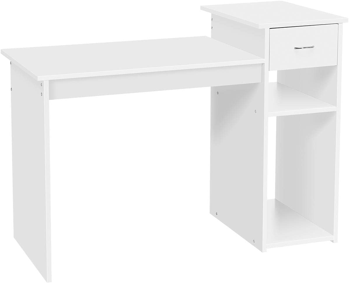 Topeakmart Small White Computer Desk with Drawers and Printer Shelves, Wood Study Writing Table Compact PC Laptop Workstation for Small Space Home Office