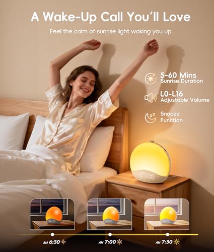 ecozy Sunrise Alarm Clock for Bedroom, White Noise Sound Machine, 26 Soothing Sounds, 17 Night Lights, Bluetooth Speaker, Music-Sync Lights, Wake Up Sunlight for Heavy Sleepers, Adults, Kids - Natural