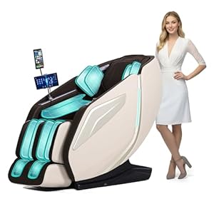 HealthRelife Ganzkörpermassagesessel mit Bodyscan 4D-Robotische Hände Intelligente Shiatsu Massagesitzauflage mit Sprachfunktion Rückenheizung(Braun+Beige)