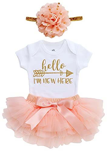 Image of OoSweetCharlotteoO Newborn Baby Girl Coming Home Outfit Hello I am New here Bodysuits 3pcs (Newborn) (Newborn, Peach Short Sleeve)