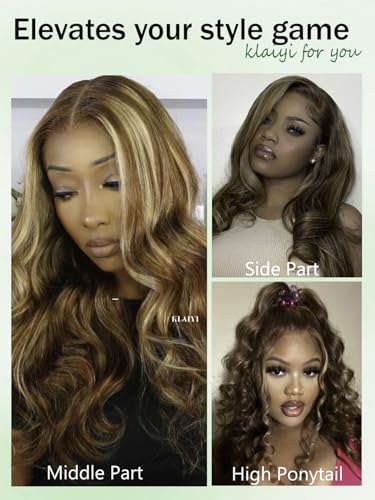 Image of KLAIYI Wear And Go Glueless Wig Bye Bye Knots 13x4 Precut Lace Front Wigs Human Hair Ombre Highlight Blonde Body Wave Wig Pre Bleached Pre Everything Pre Plucked with Baby Hair 3S Ready to Wear 20Inch