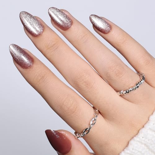 Brown Cat Eye Press On Nails Almond - Brown Short Almond Fake Nai...