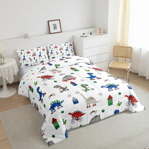 Image of Feelyou Kids Cartoon Dino Comforter Set King Size, Blue Green Dinosaur Bedding Set Boys Girls Kawaii Comforter Jungle Dino Duvet Insert 3Pcs
