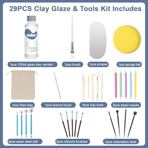 1DFAUL Clay Glaze with Air Dry Clay Tools Kit, 29PCS Clay Sculpting Tools, Polymer Clay Kit and Clay Varnish, Pottery Tool kit for Sculpting, Modeling, Shaping, High Gloss, Scratch Resistant (Gloss) - Thumbnail 7