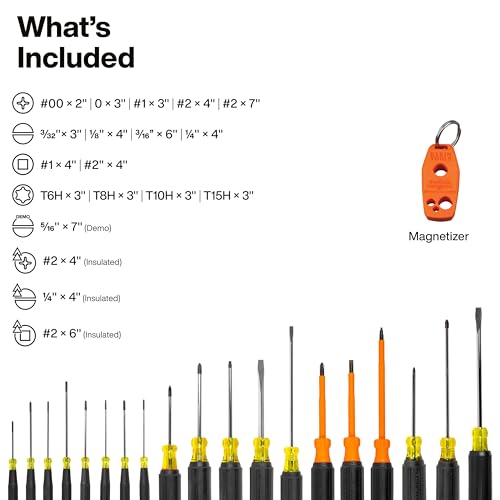 Image of Klein Tools 85820 20-Piece Screwdriver Set, 8 Precision, 7 Standard Drivers with Color-Coded Handles, 3 Insulated Screwdrivers, 1 Demolition Driver, and Magnetizer