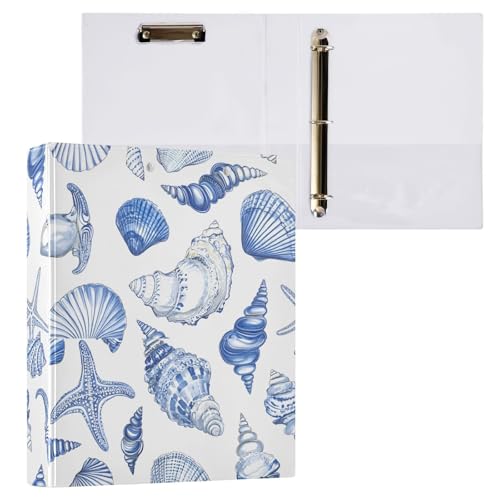 Image of 3 Ring Binder Blue Seashells Ocean Nautical Coastal 1.5 inch Binders Three Ring Binders with Clipboard Fit 8.5'' x 11'' Paper 3 Interior PVC Clear Pockets for Office Supplies