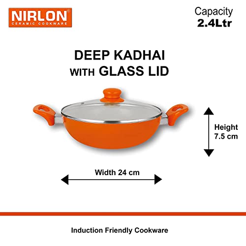 Image of NIRLON New Reinforced 4 Layer Ceramic Coating Non Stick Induction Dosa Tawa, 2 Deep Kadhai With Glass Lid, Grill Pan & Deep Casserole with Glass Lid Orange (Aluminium, Stainless Steel, Bakelite, Glass)Orange Colour.