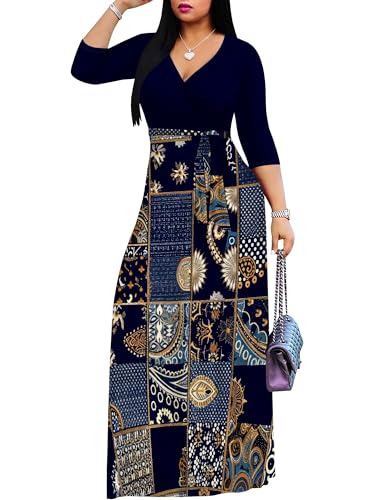 Image of Plus Size Maxi Dress for Women V Neck 3 /4 Sleeve Wrap Dress