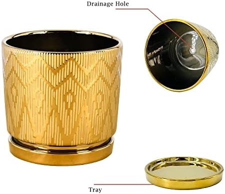 Gold Plant Pots,5.5 Inch Flower Pots with Drainage Holes,Round Indoor Pot for Plants Ceramic Planters with Saucer,Outdoor Garden Pots