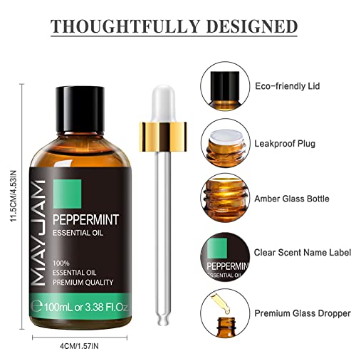 Peppermint Essential Oil, Mayjam Premium Pure Essential Oils, 3.38Fl.oz Peppermint Oil For Diffusers Soap Candle Making, Ideal For Home Office Car Yoga Use #TOP5