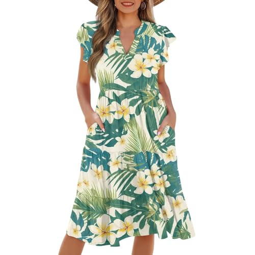 Image of Womens Summer Dress Ruffle Sleeve V Neck Dress Casual Fit Flowy Beach Vacation Sundress with Pocket S-2XL