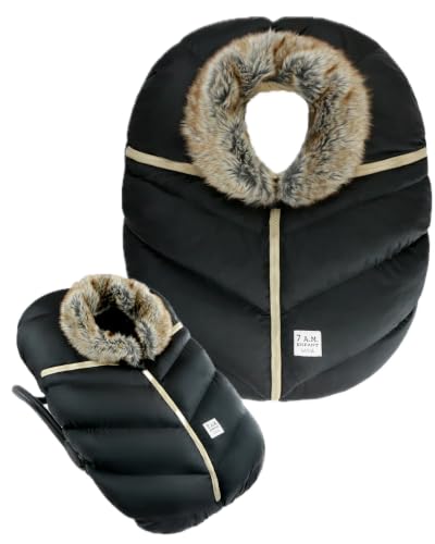 7AM Enfant Car Seat Covers - Cocoon Baby Cover for Boys & Girls Rain & Snow Repellent Breathable Windproof Center Zipper Universal Fit for Infant Car Seat (0-12M) (Black Faux Fur)