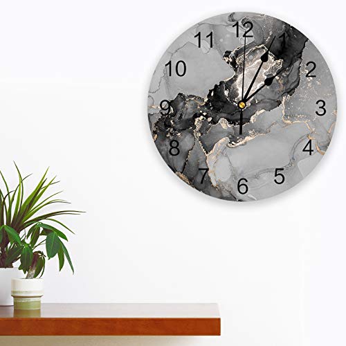 Wall Clock Black Grey Marble Battery Operated Clocks Pvc Silent Non-Ticking Wallclock 10 Inch Abstract Luxury Gray Round Wall Clocks For Living Room Bedroom Kitchen Office School Bathroom Home Decor #TOP2