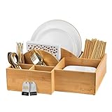 ELTOW Bamboo Silverware Caddy for Countertop, 8 Compartment Paper Plate and Cutlery Caddy for Plates, Bowls, Forks, Spoons, Knives, Napkins, Perfect Flatware Utensil Holder for Party, Picnic, Home, RV