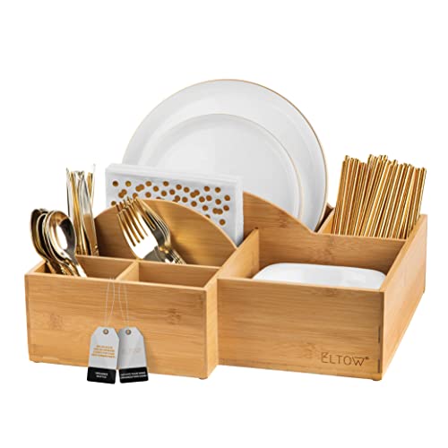 ELTOW Bamboo Silverware Caddy for Countertop, 8 Compartment Paper Plate and Cutlery Caddy for Plates, Bowls, Forks, Spoons, Knives, Napkins, Perfect Flatware Utensil Holder for Party, Picnic, Home, RV
