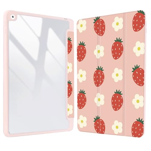 Coque iPad 9 2021 Transparente avec Porte-Crayons Fraises Fleurs