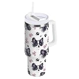 ARGTILDN Papillon Dog Faces with Pink Bow 40 oz Tumbler with Handle Straw Lid | Insulated Cup Reusable Stainless Steel Water Bottle Travel Mug Cupholder Friendly | Gifts for Women Men Him Her | Trek