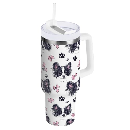 ARGTILDN Papillon Dog Faces with Pink Bow 40 oz Tumbler with Handle Straw Lid | Insulated Cup Reusable Stainless Steel Water Bottle Travel Mug Cupholder Friendly | Gifts for Women Men Him Her | Trek