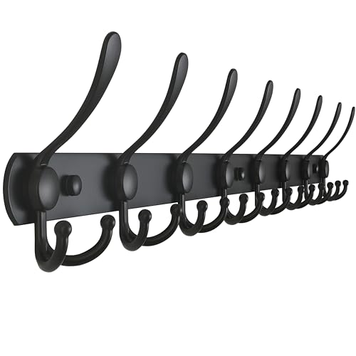 Dseap Coat Rack Wall Mount - 29.5” Long 8-Tri-Hooks Heavy Duty Coat Hanger Rail Wall Hooks for Hanging Coats Hats Clothing Clothes Purse Mudroom Entryway, Black by Dseap - Used condition - US$25.99