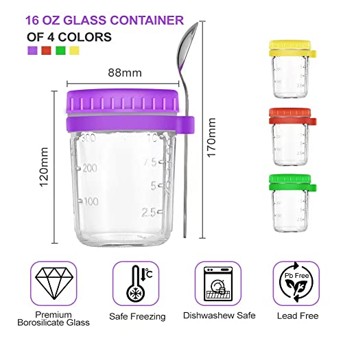 16 Oz Overnight Oats Containers With Lids And Spoon, 4 Pack Mason Jars For Overnight Oats, Airtight Overnight Oats Jars With Measurement For Cereal, Mason Oatmeal Container Jar For Milk, Cereal, Fruit On The Go Container #TOP1