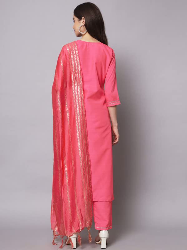 Image of VredeVogel Women's Chanderi Modal Butti Flare Kurta with Pant & Embroidered Chanderi Dupatta Set
