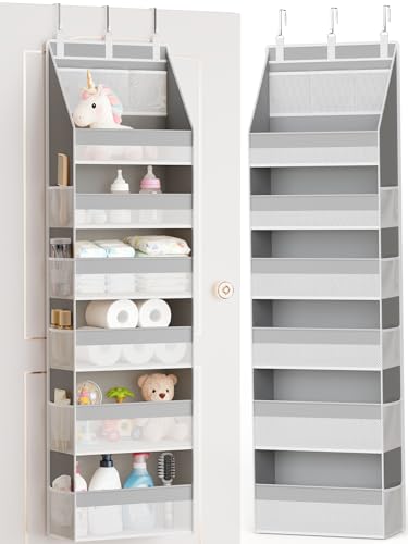 Image of Criusia Over The Door Organizer, Heavy-Duty 6-Shelf Hanging Storage with 13 Mesh Pockets, 55lbs Capacity Behind The Door Storage for Nursery, Bathroom, Bedroom, and Dorm, Grey
