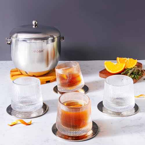 Image of Car-O-Bar Gift Set Mirror Finish Stainless Steel Premium Design Ice Bucket for Bar & Home | Set of 4 Whiskey Glasses & Peg Measurer for a Home Bar Setup | Perfect Giftset