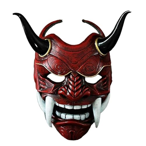 PDLING Halloween Japanese Samurai Hannya Oni Mask Latex Full Face Demon Cosplay Costume Airsoft Masks for Men (Red)