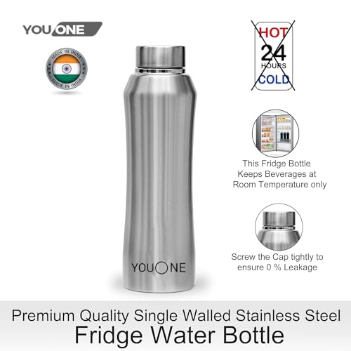 Image of YOUONE Stainless Steel Water Bottle (1 Litre, Set of 1)| Leak Proof Thunder for Fridge Home Office Travel School Kids Boys Girls Adults Sports Gym Yoga (Silver)
