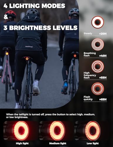 ROCKBROS Oświetlenie rowerowe tylne LED USB Akumulator IPX6 Wodoodporne czujniki światła hamowania wibracje 4 tryby jazdy na rowerze MTB szosowe nocne bezpieczeństwo
