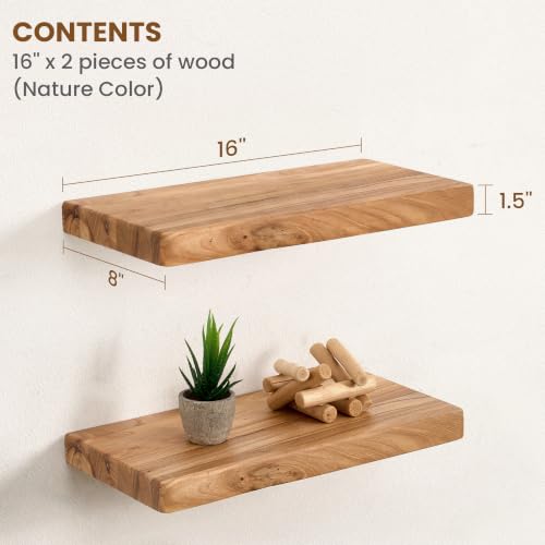 Image of Floating Shelves for Wall, 16 inchWx8 inchD Rustic Solid Elm Wood Floating Shelves Wall Mounted, Round Edge Wall Shelves with Invisible Bracket for Living Room Bathroom Bedroom Kitchen, Set of 2, Natural