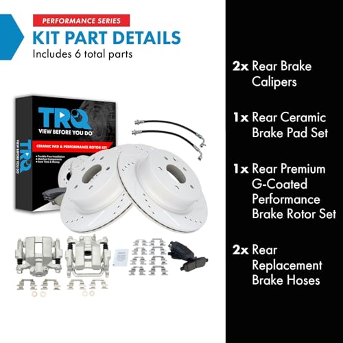 Image of TRQ Performance Rear Brake Pad and Rotor Set Ceramic Drilled Slotted Coated Rotors Calipers Compatible with 2005-2007 Infiniti G35 2006-2008 Nissan 350Z