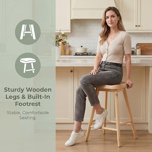 Image of HNY Backless Counter Height Bar Stools Set of 3, 24'' Rustic Farmhouse Wooden Saddle Stools Ergonomic-Seat Bar Chairs, Bar Height Barstools for Kitchen Counter Island, Natural