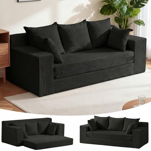 Convertible Sofa Bed, Pull Out 3 Seater Sleeper Sofa, 70" Black Boneless Couch Fold Out Floor Couch with 5 Pillows for Living Room Bedroom Lounge Small Space