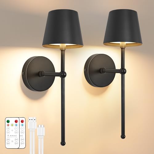 Image of TaoFiaCo Battery Operated Wall Sconces Set of 2,Wireless Wall Sconce Black | 5200mAh Rechargeable, Remote, Timer, Dimmable, Cordless Wall Light for Bedroom Living Room, Hallway, Light Decor