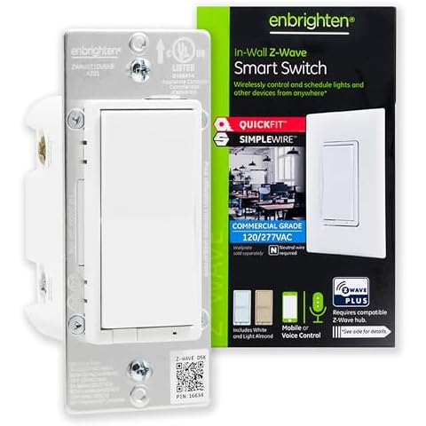 Enbrighten Z-Wave Plus Smart Switch with QuickFit and SimpleWire, In-Wall Commercial Grade 120/277 VAC, Z-Wave Hub Required, Works with Ring, SmartThings, Alexa, 700 Series, 59337 Cover