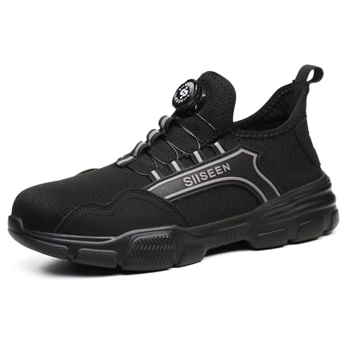 Hogent Steel Toe Shoes for Men Women, Puncture Resistant Work Shoes, Lightweight Breathable Slip On Safety Sneakers Ideal for Construction Warehouse Manufacturing Black