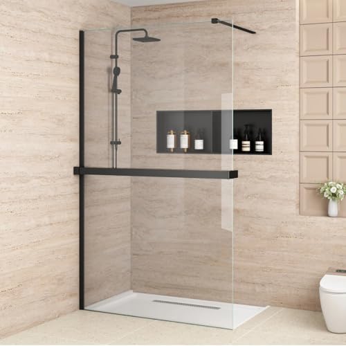 Bathlink Duschwand für Dusche 8mm ESG-Sicherheitsglas Klarglas Duschabtrennung 110x200 cm Walk-In Dusche Duschkabine mit Regalen schwarz