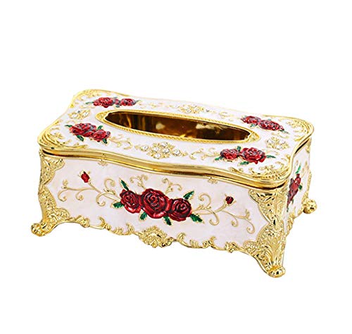 brandless Tissue Cover Holder,Creative Embossed Roses And Rhinestones Rectangular Acrylic Tissue Box Cover Dispenser Napkin Organizer for Bathroom Bedroom Office and Car (White-Red)