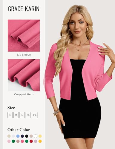 GRACE KARIN Womens Cardigan Sweaters, Lightweight Cropped Shrugs, Open Front 3/4 Sleeve Business Casual Knit Blazer Hot Pink — view 5