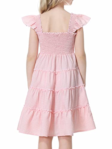 Mebius Girls Summer Dresses Plaid Flutter Sleeve Square Neck Smocked Kids Ruffle Babydoll Boho Gingham Tiered Dress Pink L #TOP1