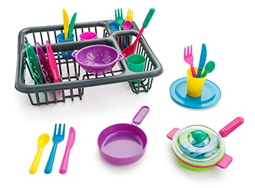 Playkidz Super Durable Play Dishes - Pretend Play Children's Dish Set - 27 Pieces Plates, Cups and Cutlery with Dish Drainer - Great Gift for Kids