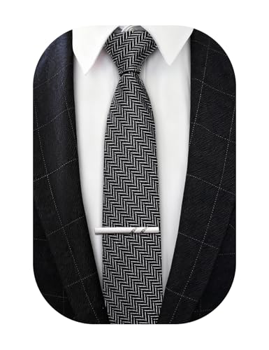 Image of Barry.Wang Skinny Ties for Men Wool Blend Herringbone Necktie with Tie Clip | Tie and Tie Clip Set, Cashmere Wool Stripe, 2.76 x 63 Inches, Extra Long Slim, Wedding Work Party Classic