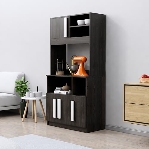 Image of Bniture Multipurpose Kitchen Cabinet | Engineered Wood Crockery Cabinet Modern with 4 Doors and Open Shelves | Crockery Unit for Dining Area | Kitchen Crockery Cabinet for Home | Flower Wenge