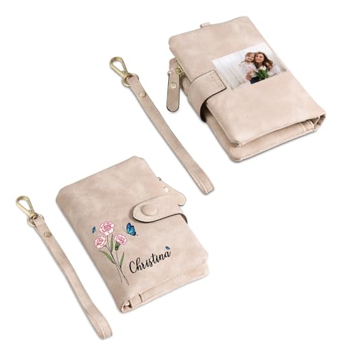 Personalized Birthflower Women Wristle Wallet: Customized Bi-fold Ladies Wallet with Name and Photo
