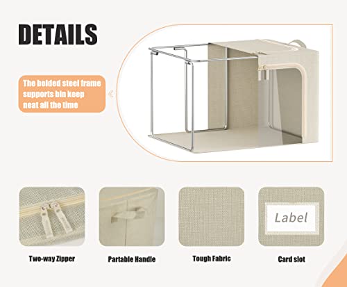 Image of 3 Openings Clothes Storage Bins with Metal Frame, Foldable Storage Bin for Clothes, Clothing Storage Bins with Lid, Linen Storage Box With Clear Window& Zippers& Durable Handles.(3 Pcs,Beige,40L)