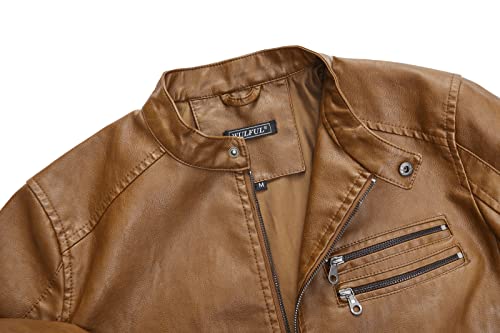 Image of WULFUL Men's Stand Collar Leather Jacket Motorcycle Lightweight Faux Leather Outwear
