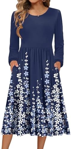 Zeagoo Kleid Damen Langarm Herbstkleid Rundhals Strickkleid Winterkleid | Elegant Midikleid | A-Linie Tunikakleid | Leichte Pulloverkleid | Freizeitkleid mit Taschen | S-XXL