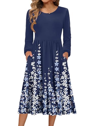 Zeagoo Robe à Manches Longues pour Femme Robes Midi Col Rond Automne Hiver | Robe Tunique Femme A Ligne | Robe en Tricot Légère | Robe Hiver Femme Chic Et Élégante | Automne Hiver | Fleur E L